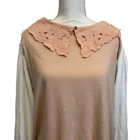 Free People Blush Pink Lace Collar‎ White Puff Sleeve Loose Fit Top Size Small - Picture 2 of 10
